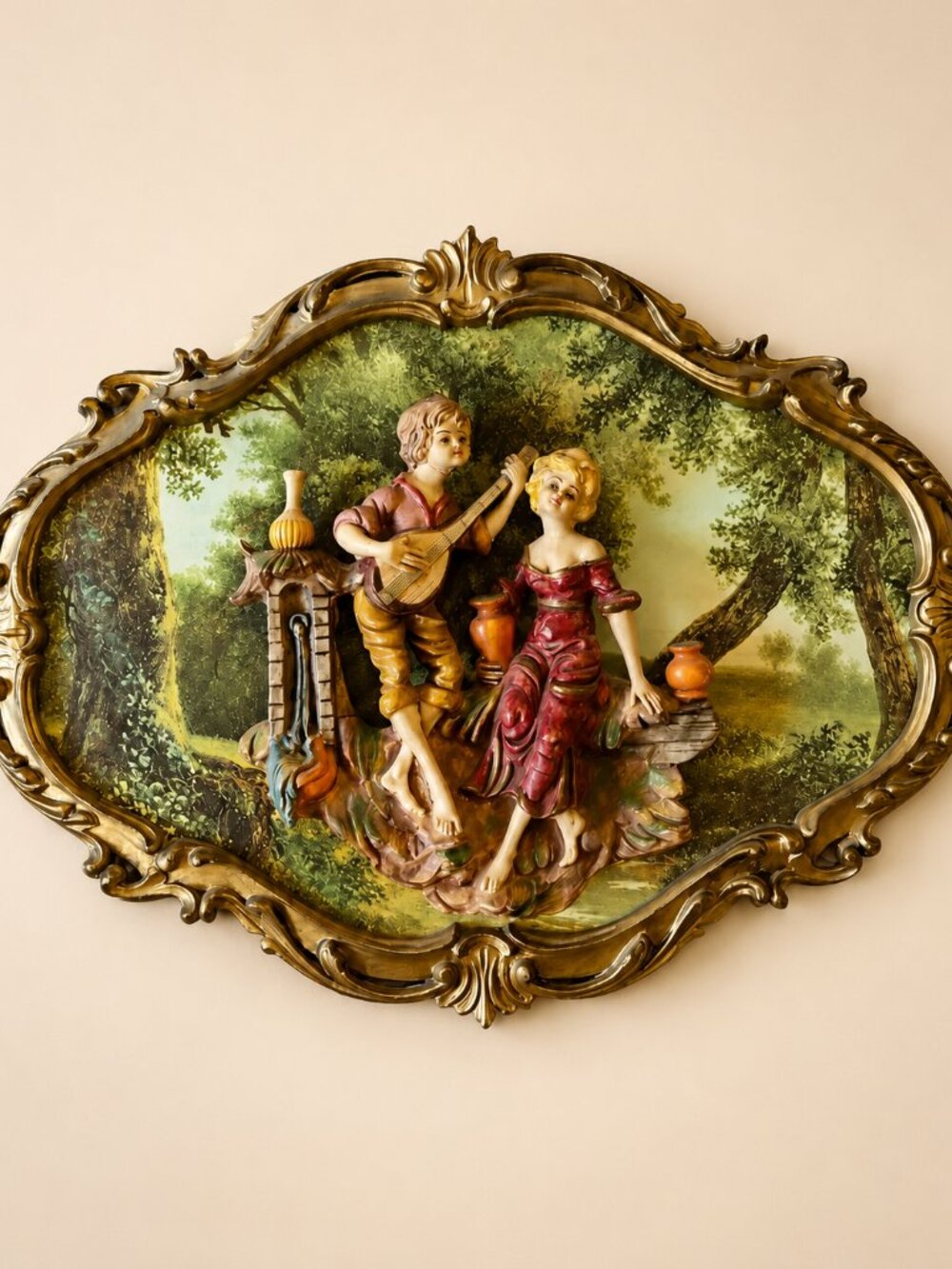 Romantic Couple Wall Art Vintage 3D Relief  Ornate Gold Rococo Frame